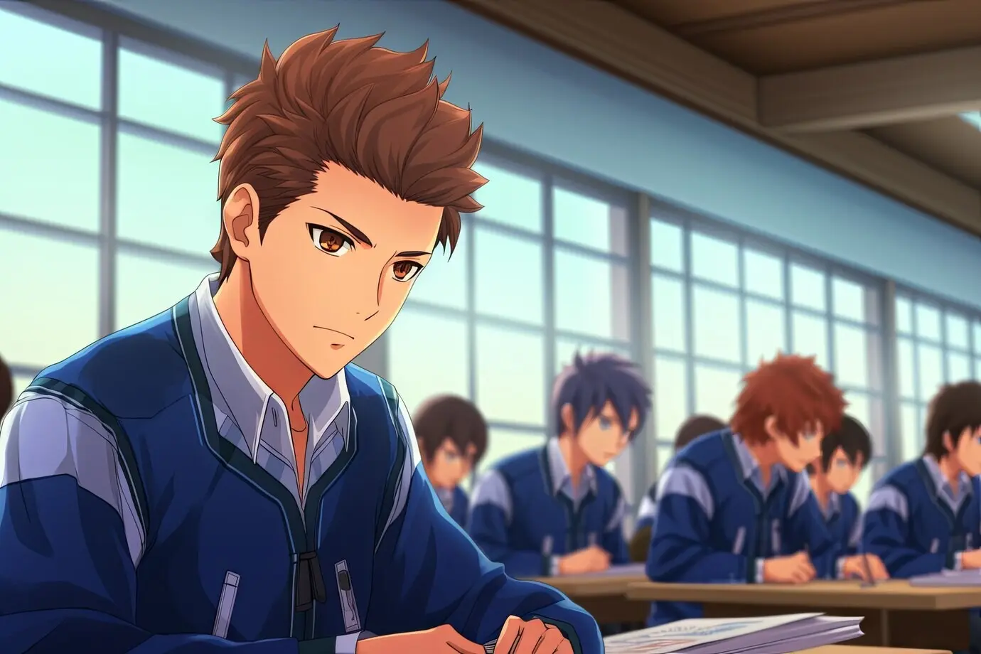 Internationaler Tag der Bildung: ein Schüler, der die Schule besucht, im Anime-Stil.